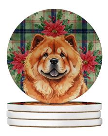 Red Chow Chow Christmas PoinsettIas Large Sandstone Coasters Pack of 4 Absorbent Round Coasters Decor Gifts for Men or Women, 4 in, Multicolor