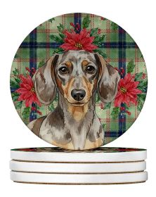 Dapple Dachshund Christmas PoinsettIas Large Sandstone Coasters Pack of 4 Absorbent Round Coasters Decor Gifts for Men or Women, 4 in, Multicolor