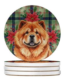 Red Chow Chow Christmas PoinsettIas Large Sandstone Coasters Pack of 4 Absorbent Round Coasters Decor Gifts for Men or Women, 4 in, Multicolor