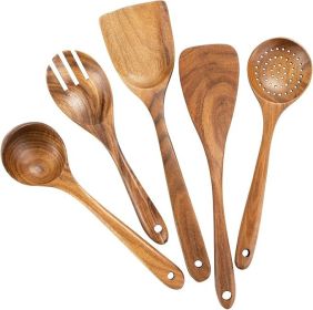 Wood Utensils Set for Cooking, Teak Wooden Utensils Set Wood Spatula for Nonstick Cookware Kitchen Utensils Set 5