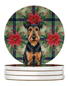 Airedale Terrier Christmas PoinsettIas Large Sandstone Coasters Pack of 4 Absorbent Round Coasters Decor Gifts for Men or Women, 4 in, Multicolor